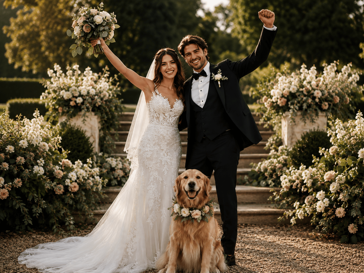Couple celebrating their wedding with their beloved dog